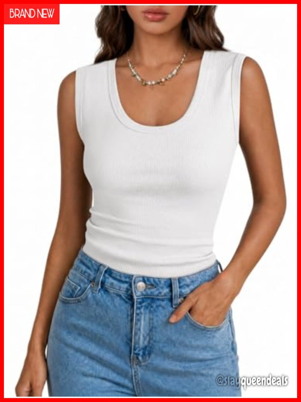 Womens Ribbed Scoop Neck Tank Top Sleeveless Slim Fit Summer Casual
